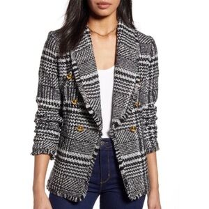 Halogen Double Breasted Shawl Collar Blazer plaid black gray tweed wool blend M